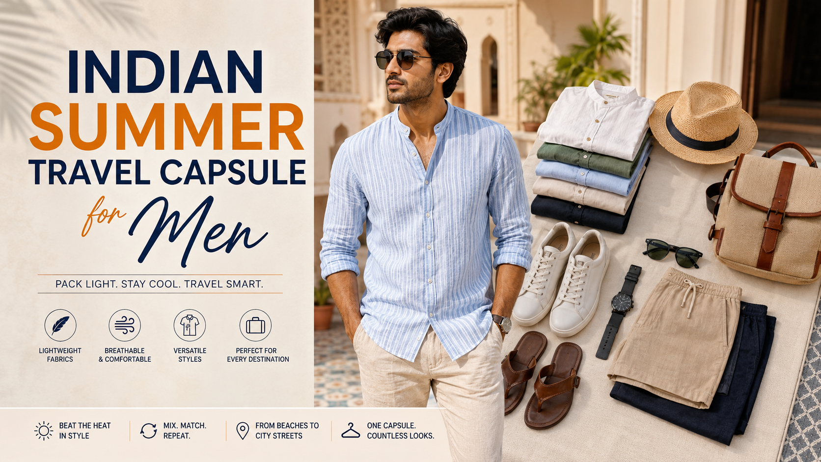 Stylish Indian summer travel capsule wardrobe for men featuring lightweight linen shirts, cotton T-shirts, chinos, shorts, sneakers, sandals, sunglasses, and travel accessories arranged for a smart minimalist packing guide.
