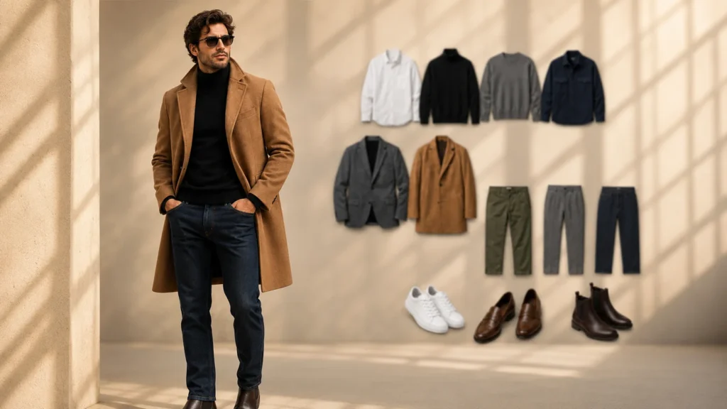 Men’s Fall 2026 capsule wardrobe featuring a camel coat, black turtleneck, dark jeans, blazer, knitwear, and Chelsea boots.