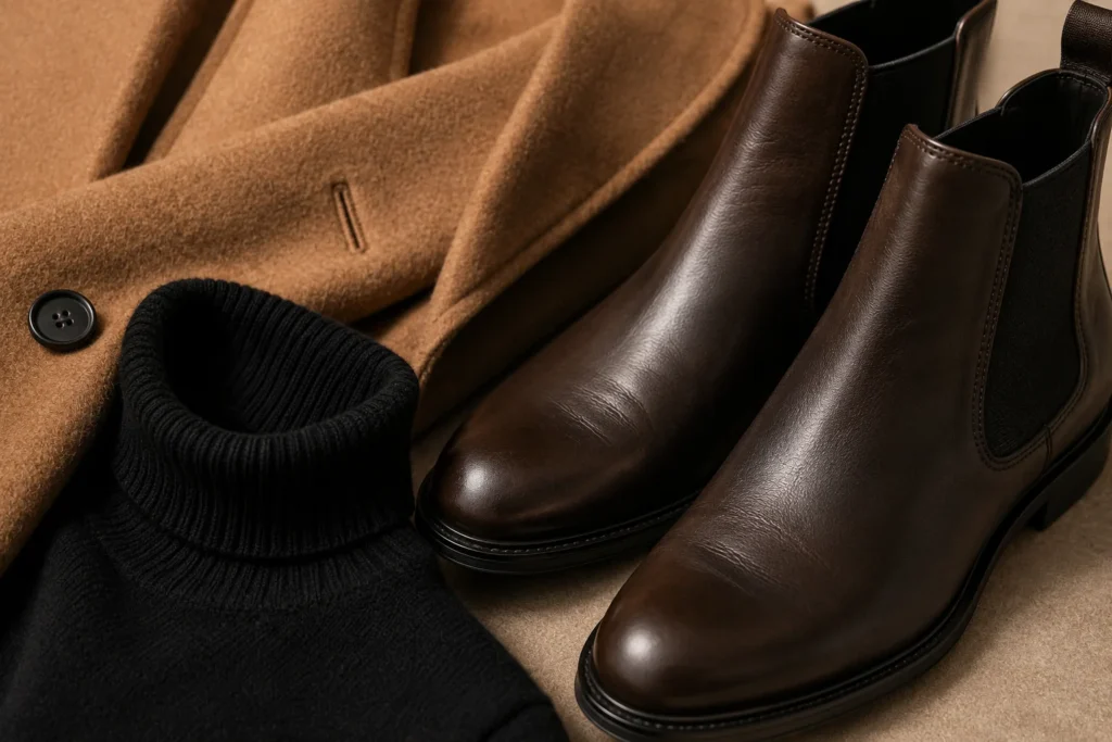 Dark brown Chelsea boots and camel wool coat luxury close-up detail for men