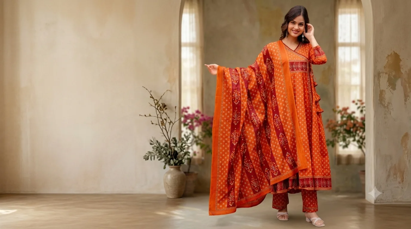 Woman wearing an orange and maroon Angrakha Pure Cotton Kurta Set with printed dupatta