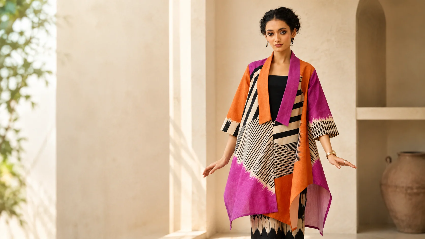 Woman wearing a stylish cotton printed top with trousers in a modern interior setting.