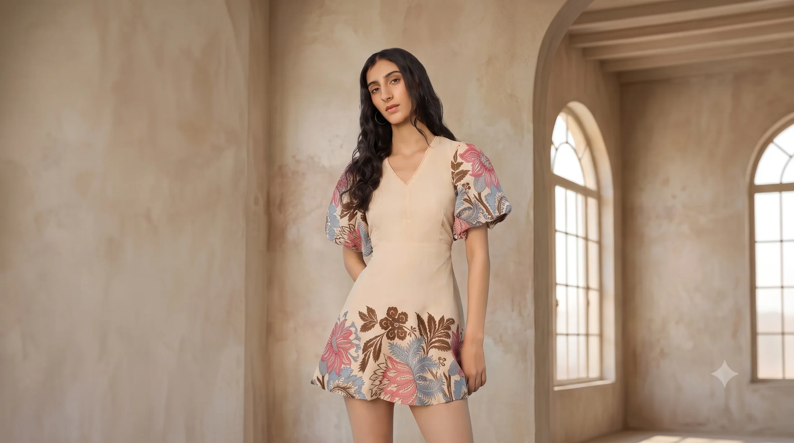 Woman wearing an elegant floral cotton dress with puff sleeves in a bright, modern interior setting.