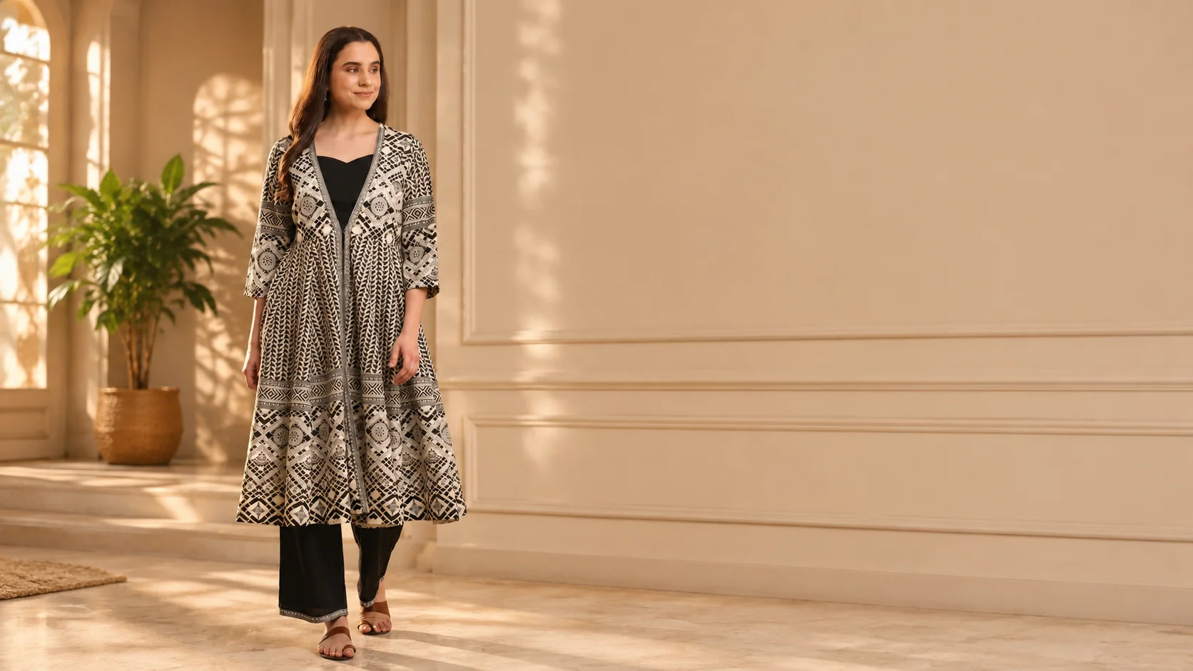 Woman wearing an elegant off white and black printed cotton fusion outfit styled for modern summer fashion.