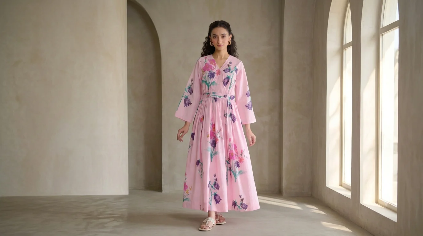 A model wearing a floral pink cotton maxi dress for women with an adjustable waist tie and floral print.
