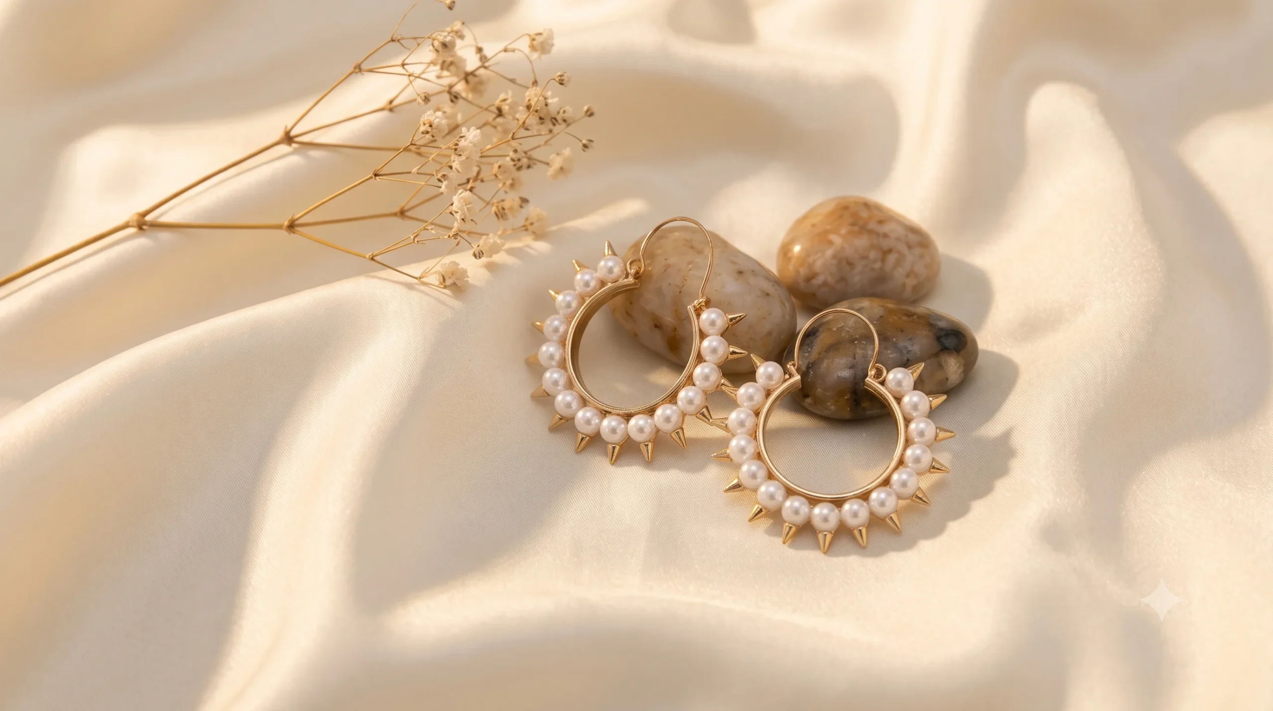 Woman wearing gold pearl spike hoop earrings paired with warm golden light styling.