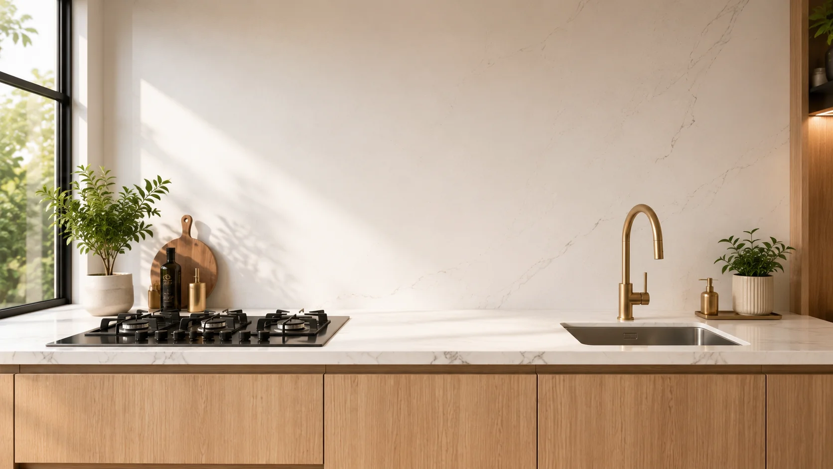Modern luxury kitchen with white marble countertops and oak cabinets illustrating kitchen Vastu balance for family harmony.