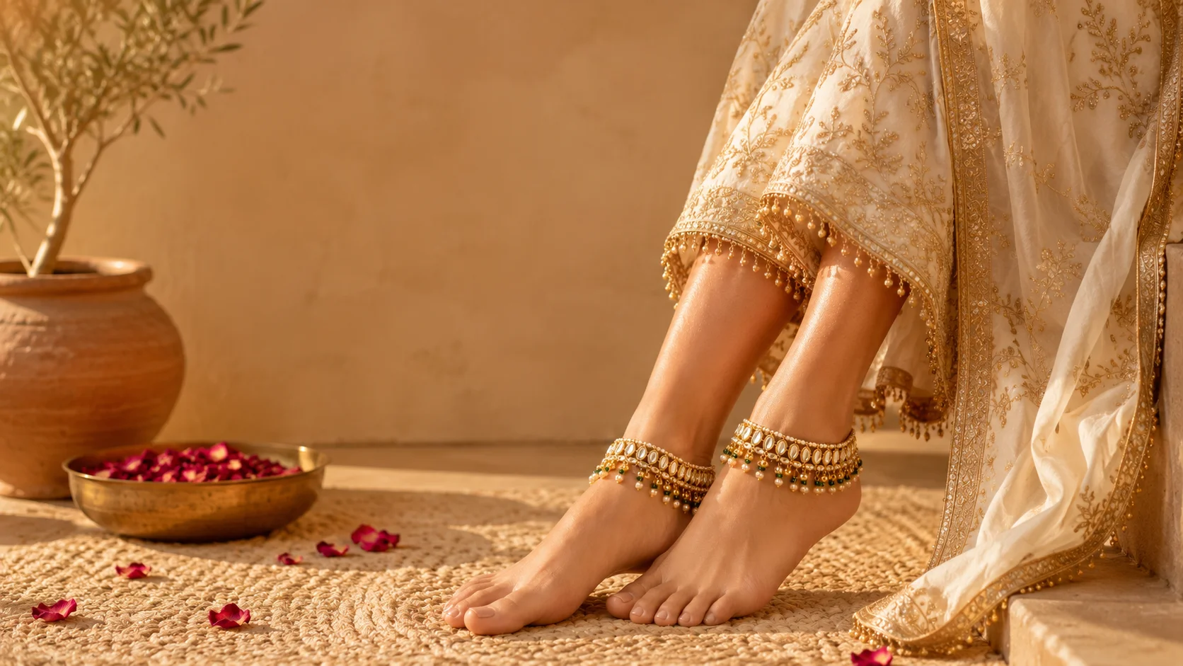 A close-up view of a woman wearing a broad kundan anklet for festive glam paired with cream embroidered traditional trousers.