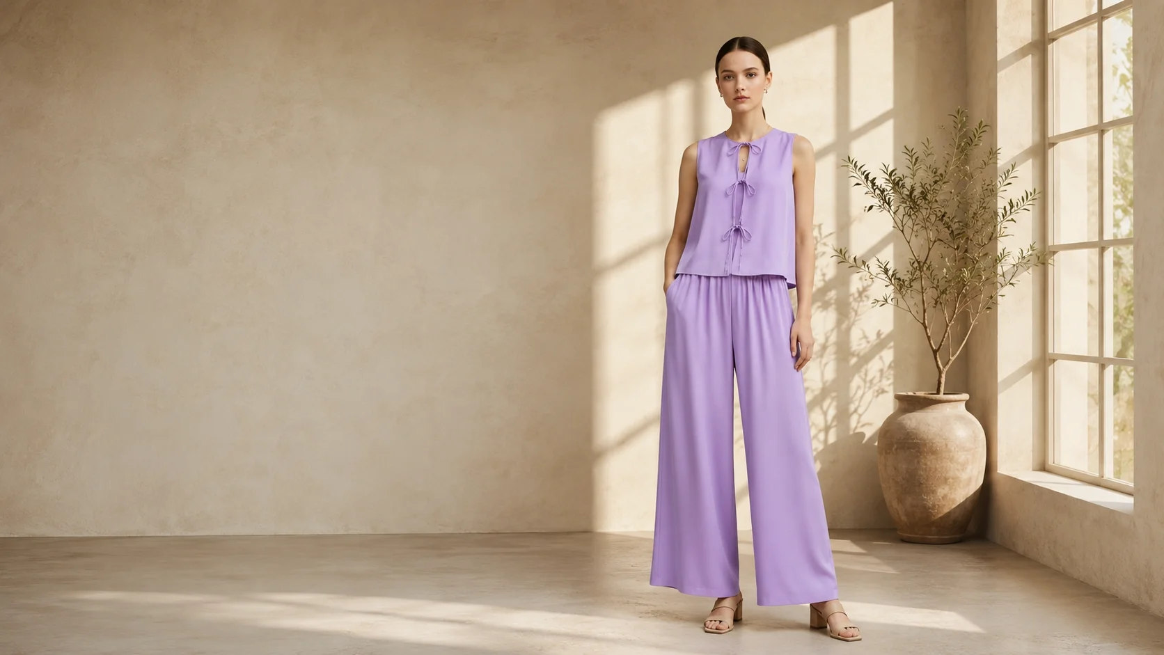 Woman wearing a stylish lilac co-ord set with wide-leg trousers and a sleeveless tie top