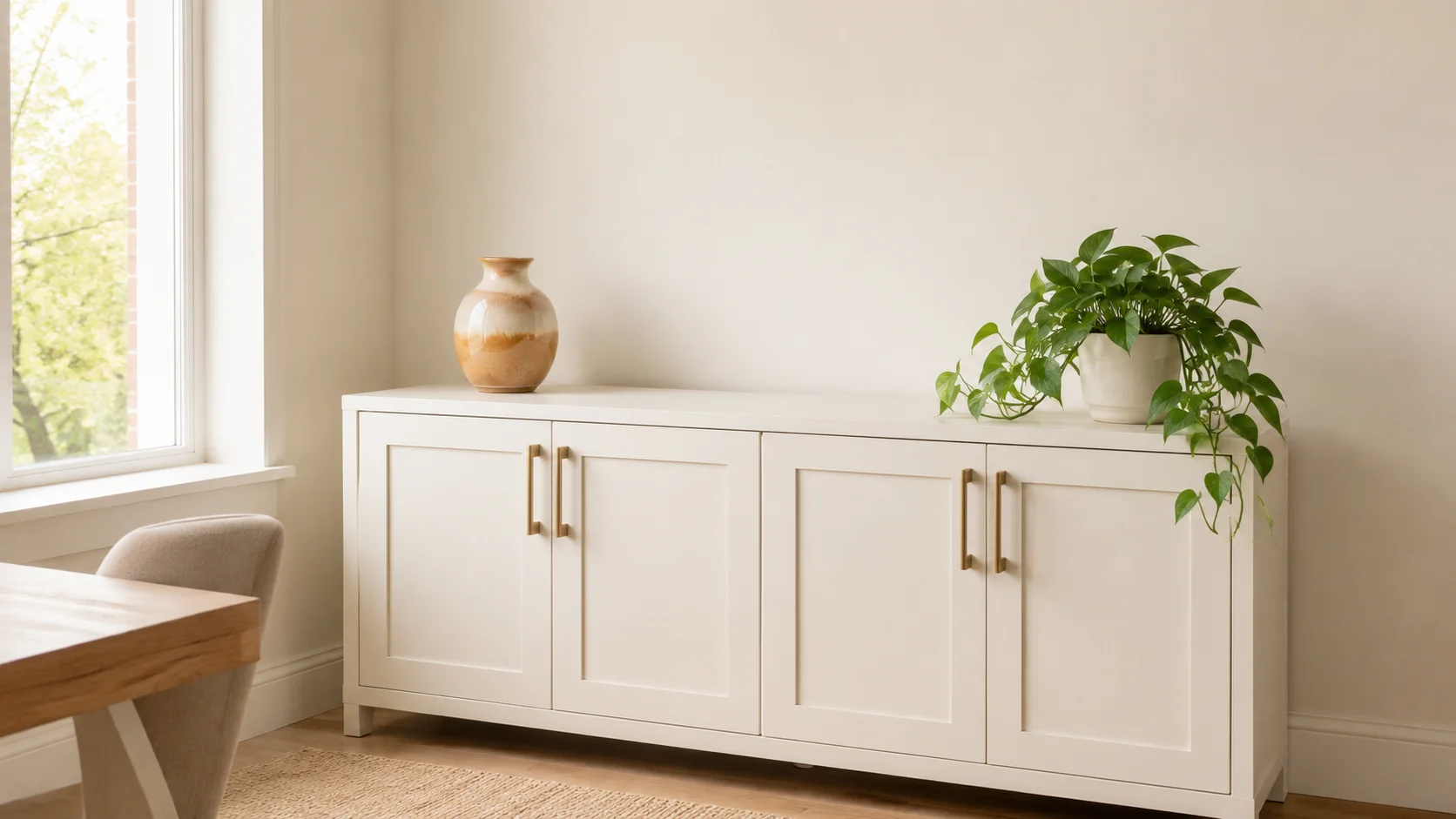 A sleek off-white cabinet providing North East Vastu remedies by neatly concealing Wi-Fi routers and messy electrical wires.