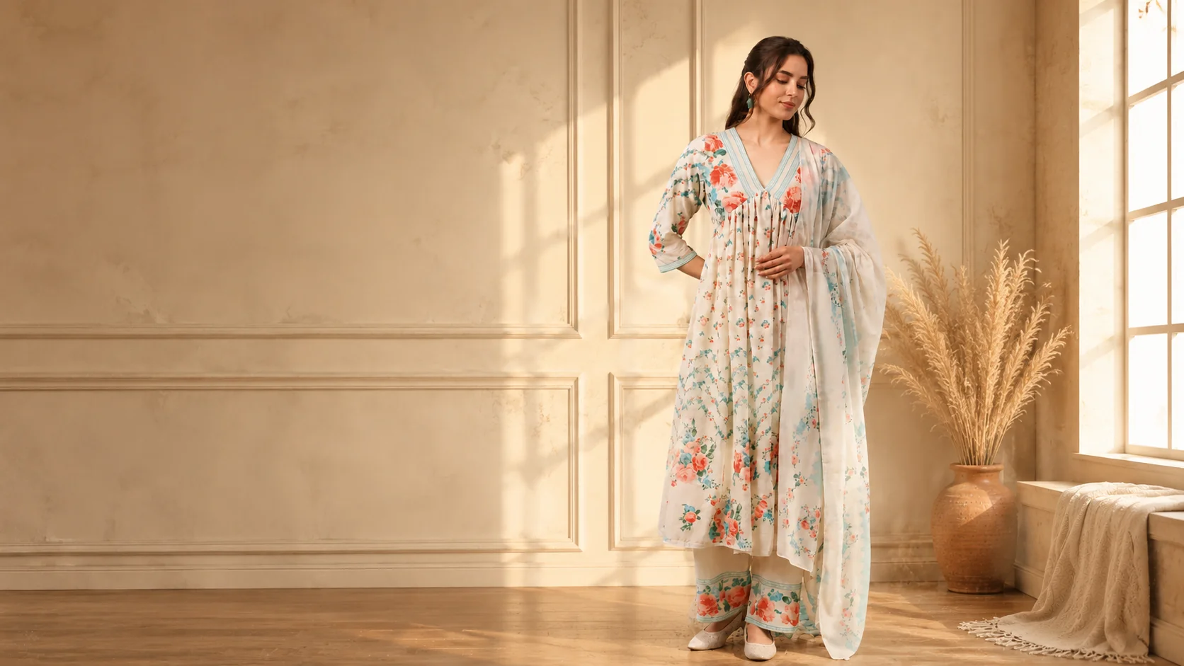 Woman wearing an off white cotton floral print anarkali kurta with matching pants and dupatta in a warm studio setting.