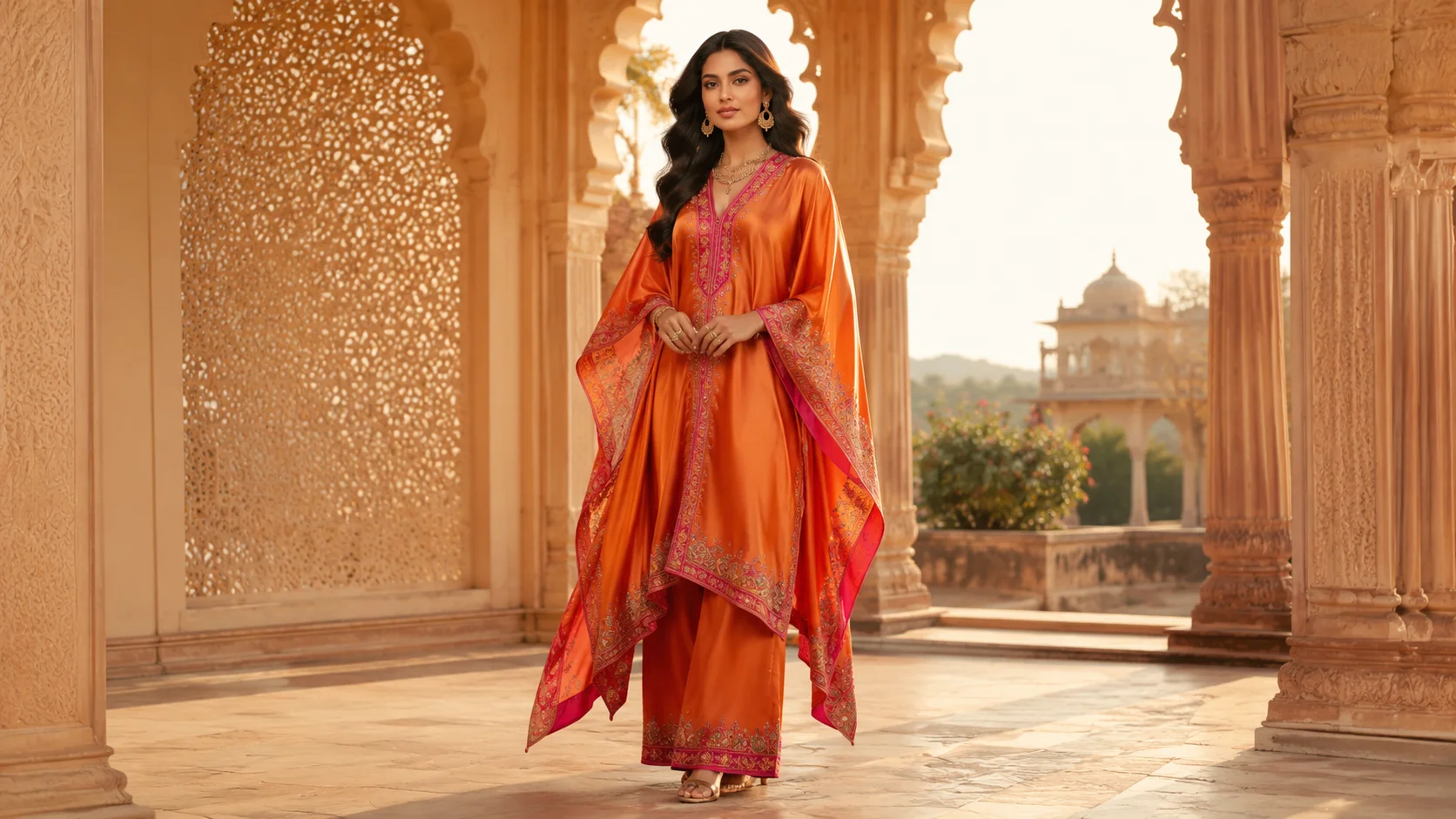 Woman wearing a vibrant orange silk kaftan palazzo fusion set with pink border details