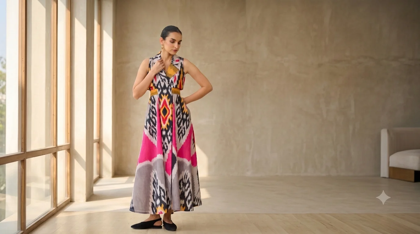 Woman wearing a sleeveless patterned Ikat maxi dress with fuchsia and black geometric prints in a modern interior setting.