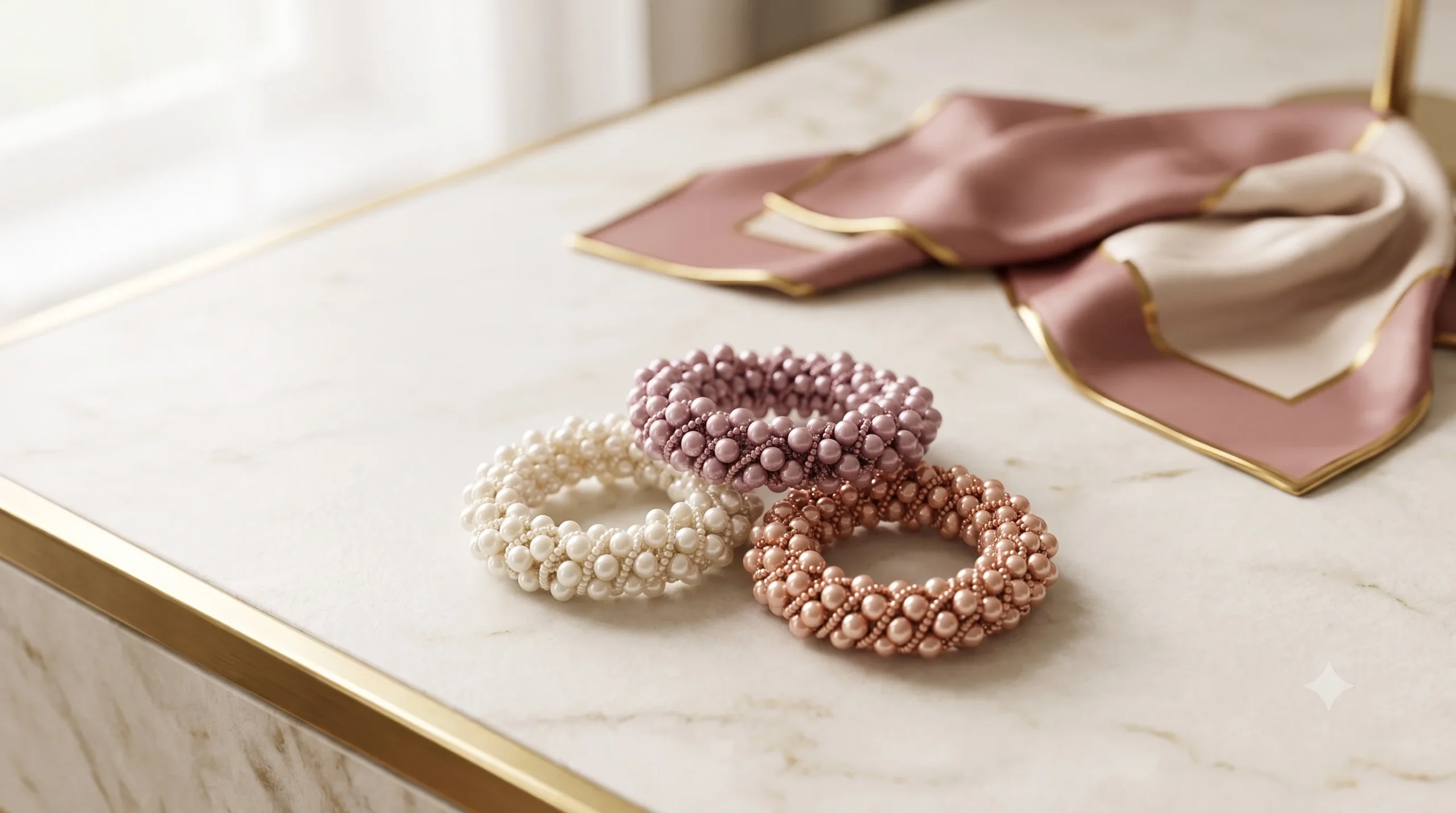 A luxury setting showing three pearl hair scrunchies in white, dusty mauve, and rose gold on a marble vanity alongside a styled ponytail.