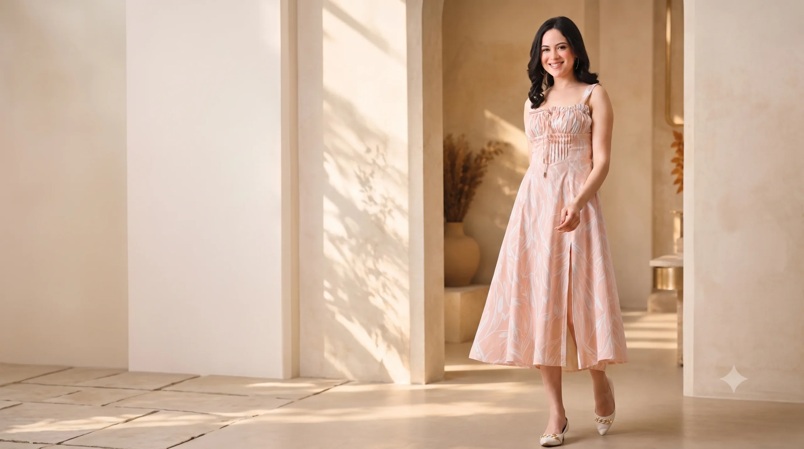 Woman wearing a pink tropical midi dress with a white leaf print