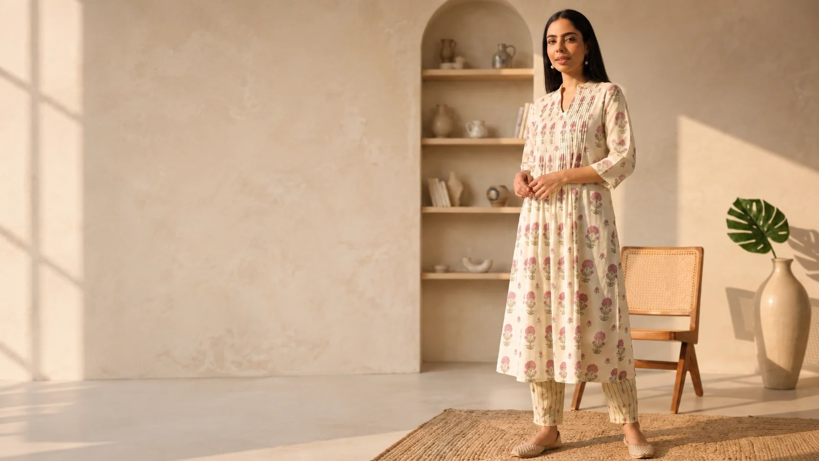Woman wearing a stylish and affordable floral cotton kurta set in a brightly lit modern interior.