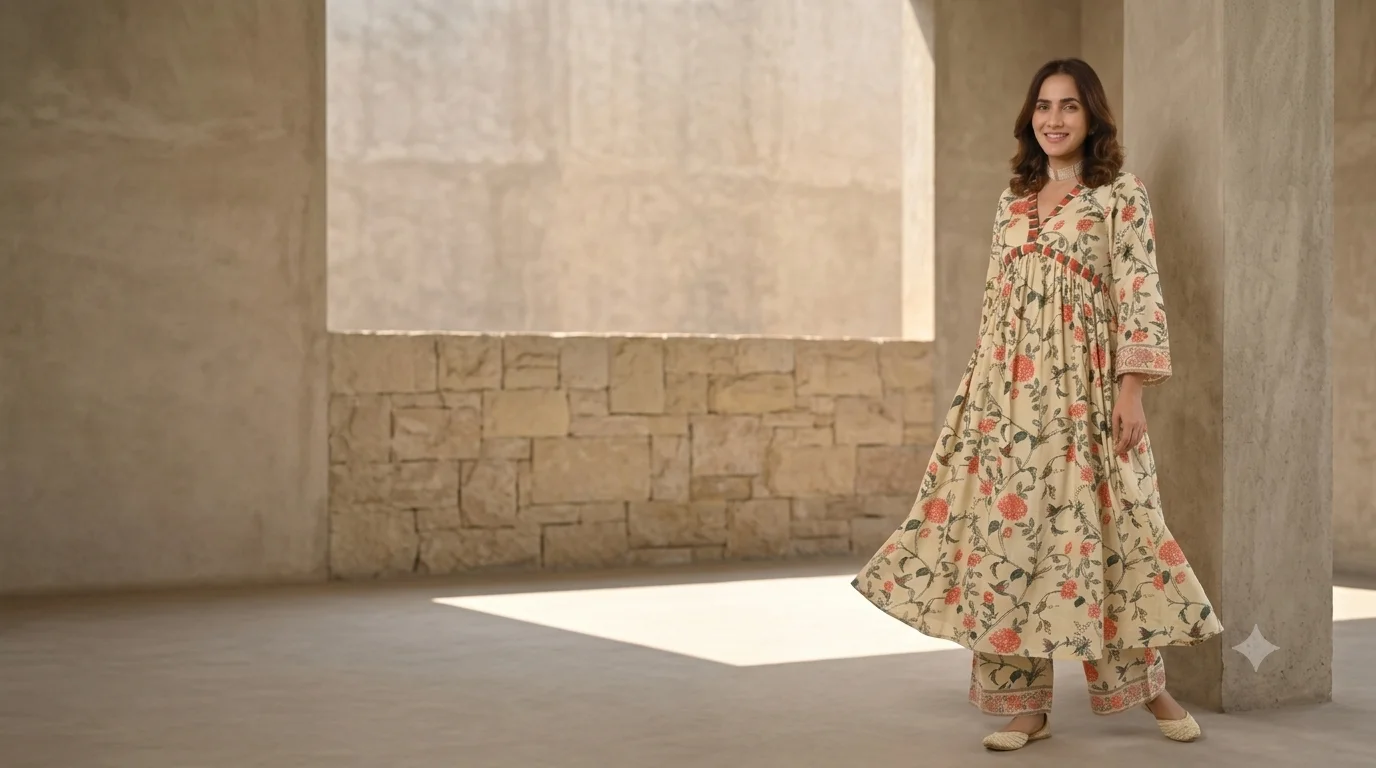 Woman wearing a summer floral kurta and salwar set in ivory cotton with coral prints.
