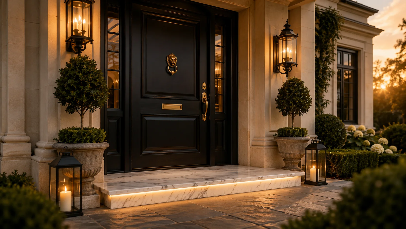A luxury home entrance featuring a matte black wooden door and an elevated white Carrara marble threshold illustrating Vastu main door threshold tips for wealth.