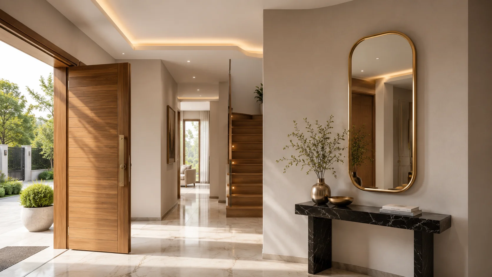 A modern luxury foyer showcasing Vastu mirror placement tips for foyer energy with a full length gold framed mirror placed on a side wall.