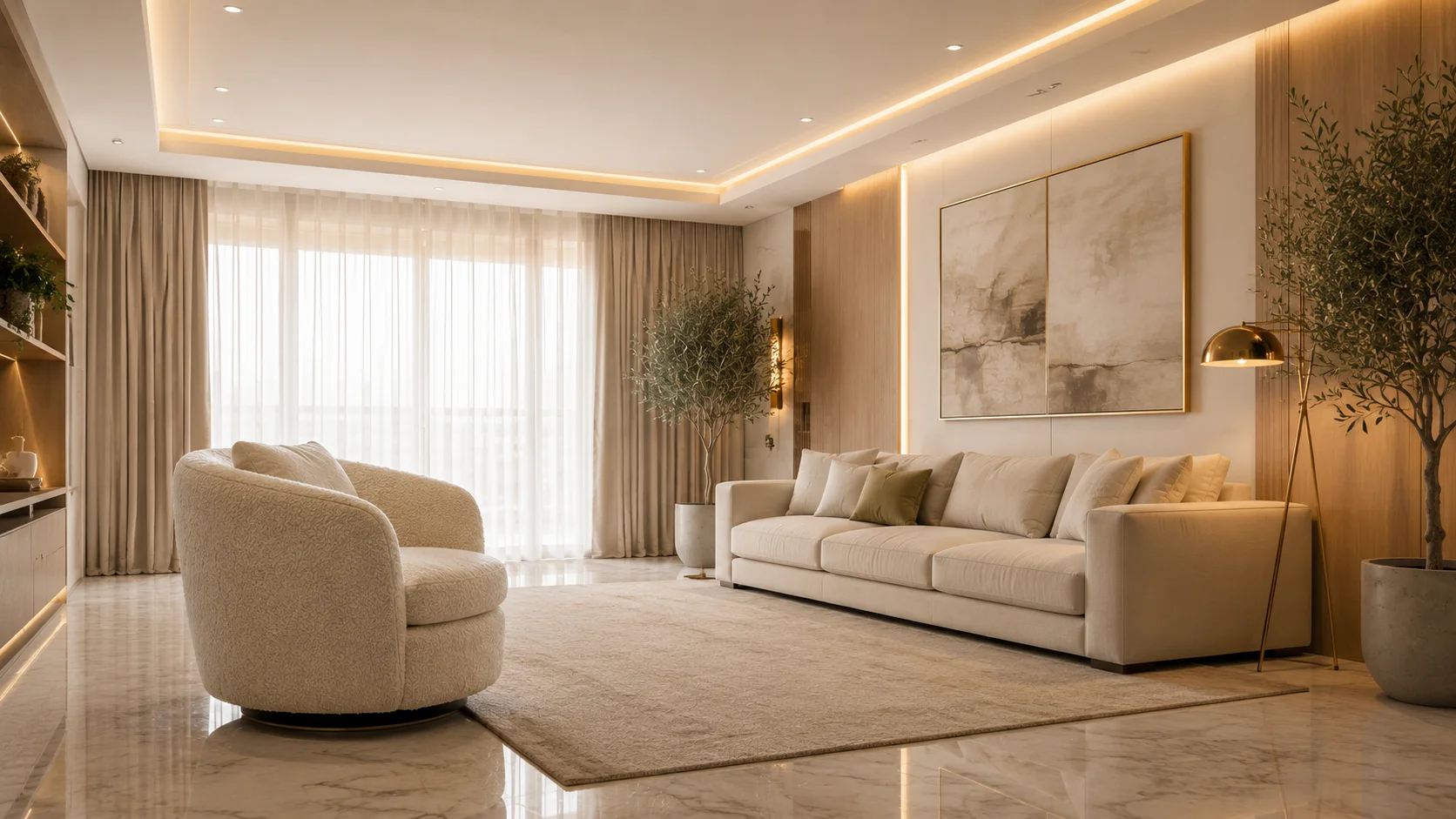 A modern luxury living room showing Vastu seating arrangement rules for living room harmony with a cream bouclé armchair facing East.