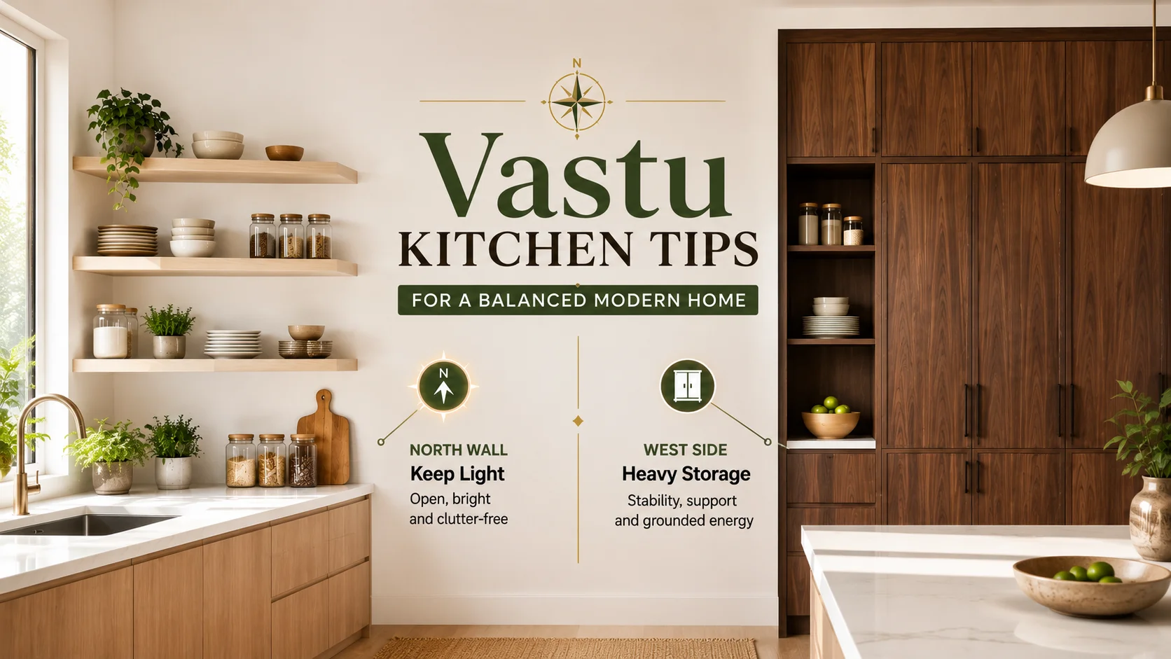 A luxury minimalist kitchen showing Vastu weight principles for kitchen layout balance with light oak open shelves on a white wall and a heavy dark walnut pantry unit.