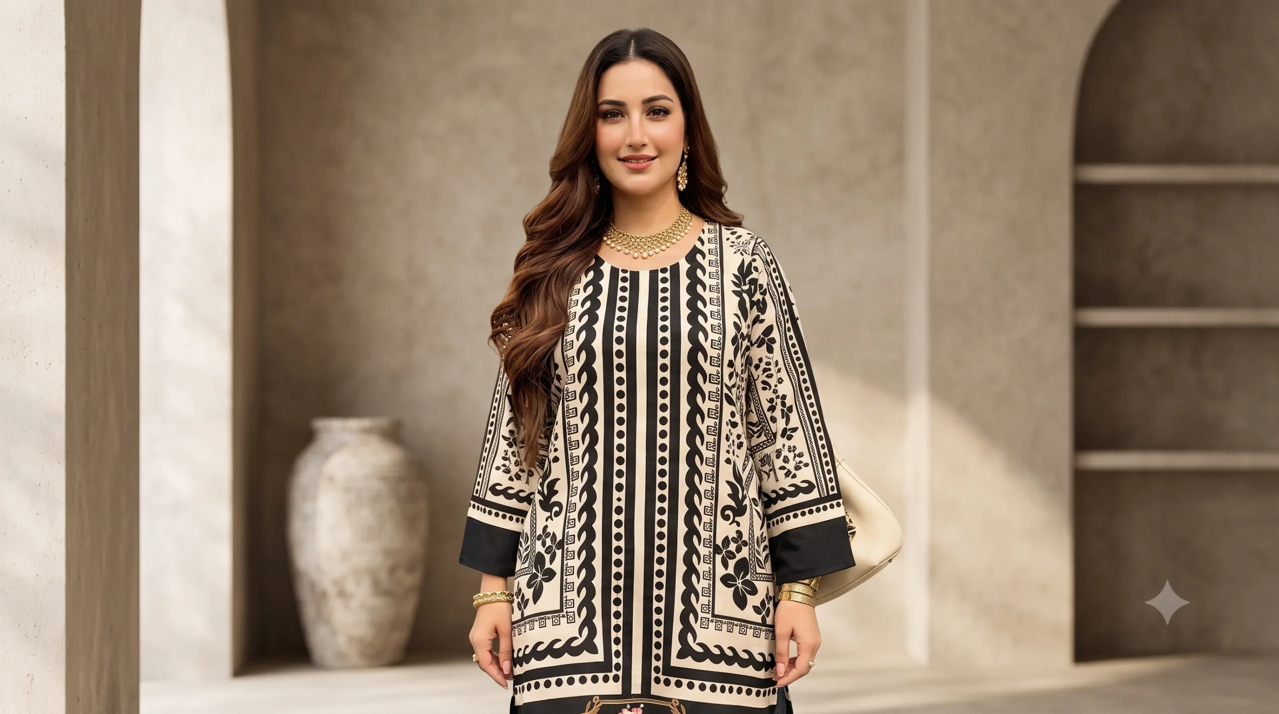 Woman wearing a black and cream geometric printed kurta pant set with gold jewellery in a sunlit architectural setting.