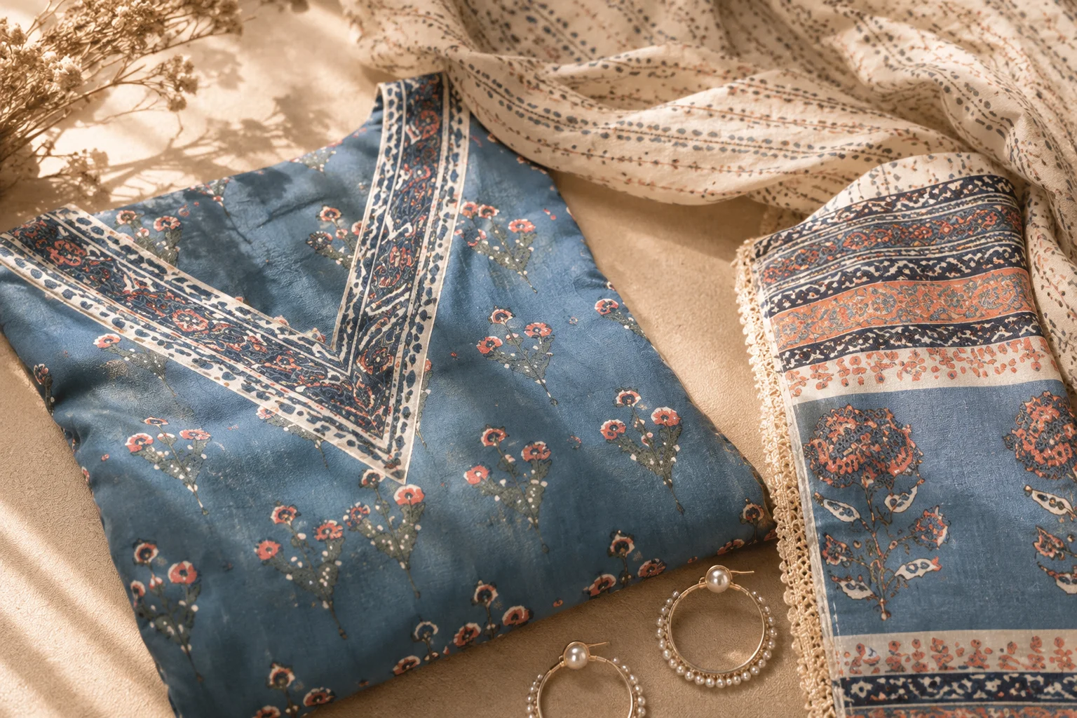 Blue floral kurta and patterned dupatta details arranged with a restrained neutral styling accent.