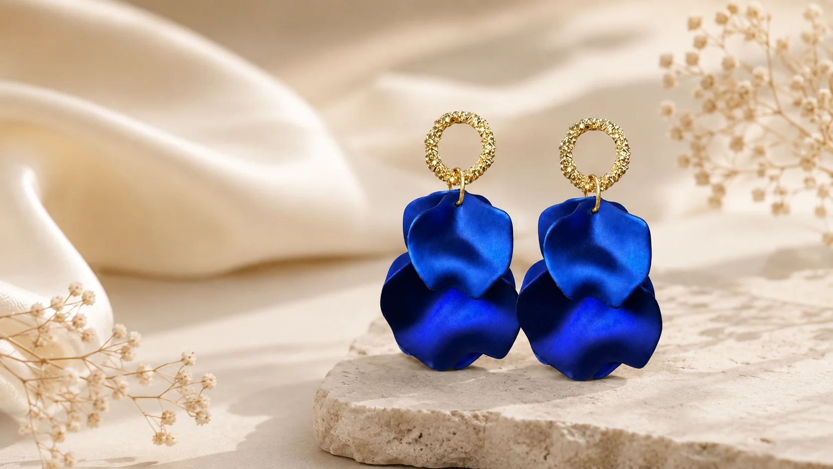 Blue statement earrings with layered floral shapes and golden-tone circular details styled in an elegant editorial jewellery setting.