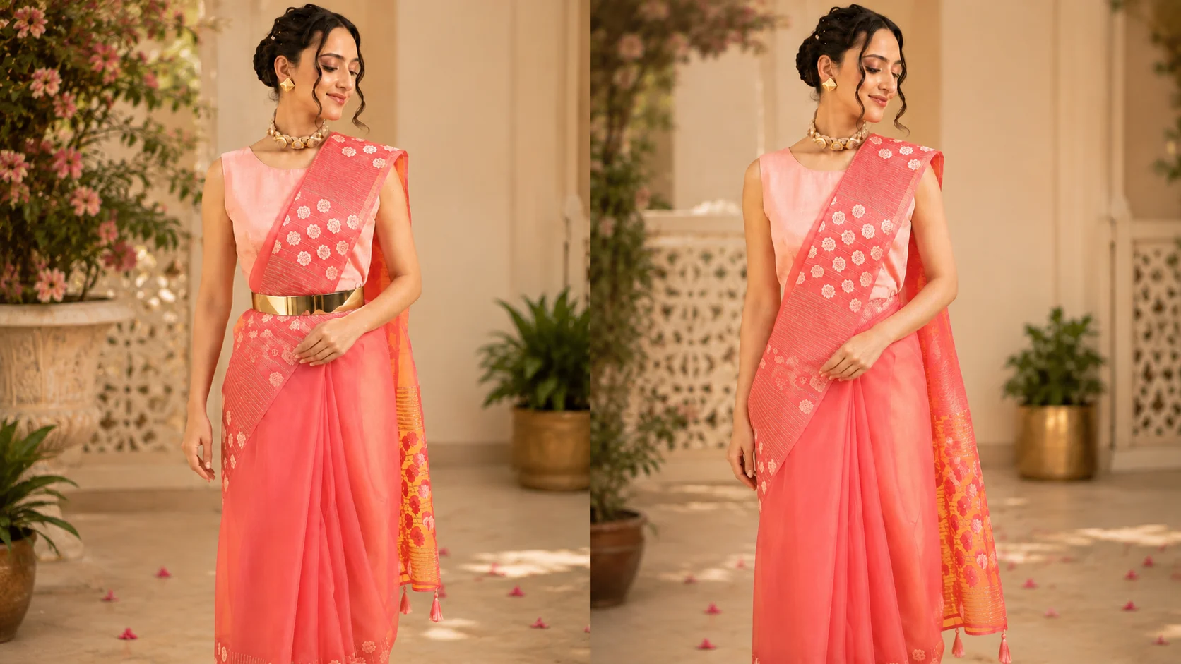 Two coral-pink saree styling interpretations showing a defined belted waist and a softer uninterrupted drape.
