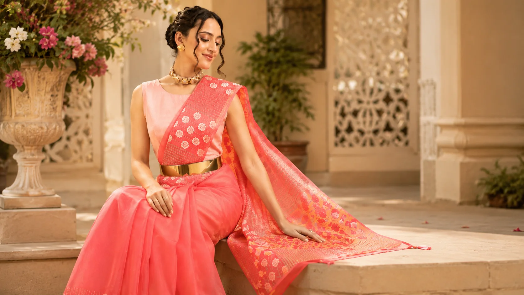 Coral-pink saree styling with floral border, tonal blouse and metallic waist belt for an elegant occasion-wear look.