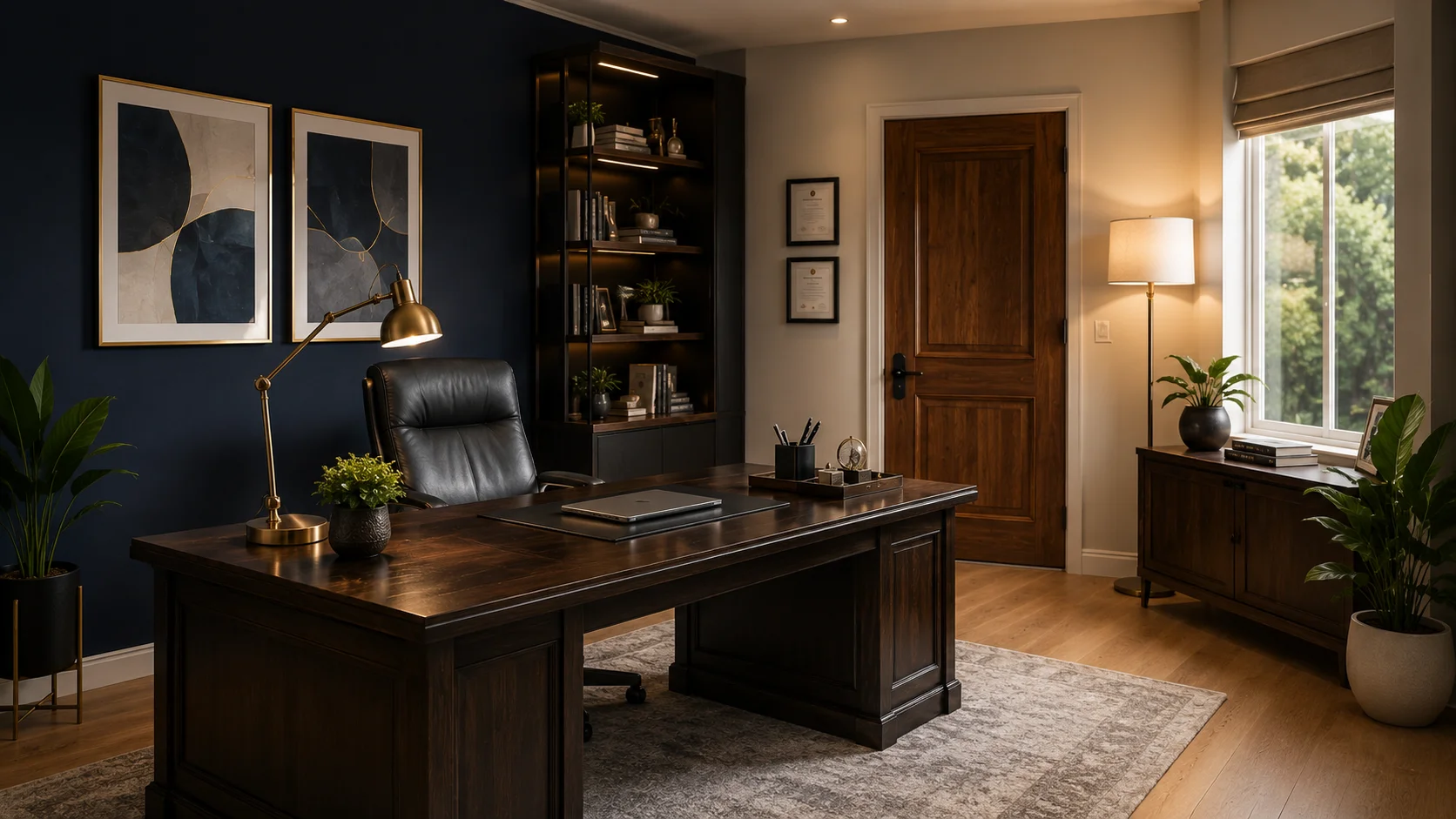 An elegant home office showcasing the Feng Shui desk rule with a solid wall background and clear view of the door.