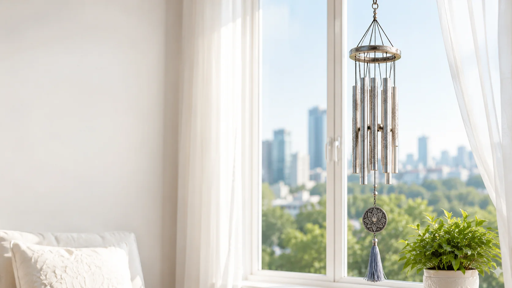 Metallic wind chime hanging by a window for optimal feng shui wind chimes placement