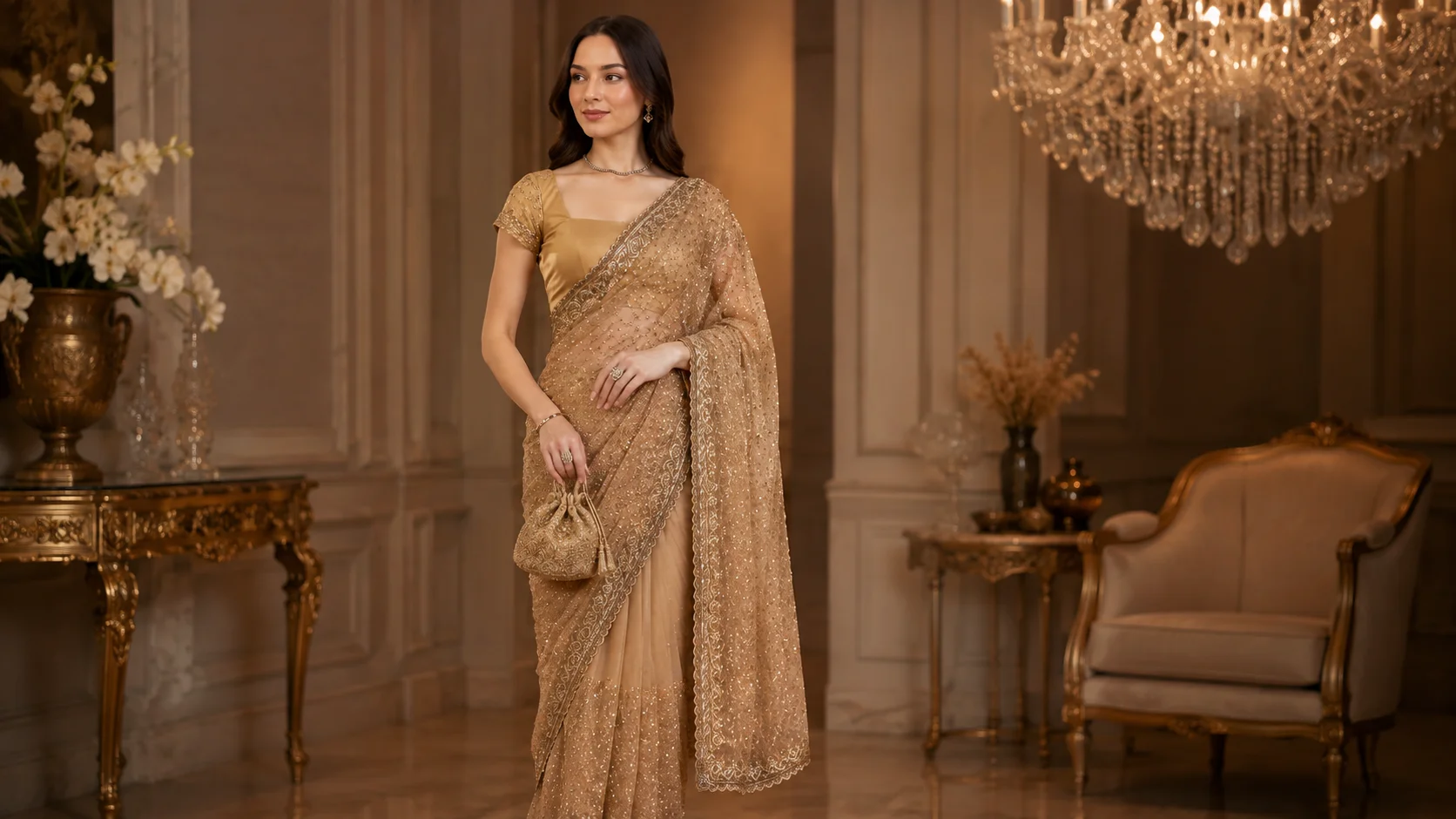 Golden embellished saree styled for an elegant special-occasion fashion look