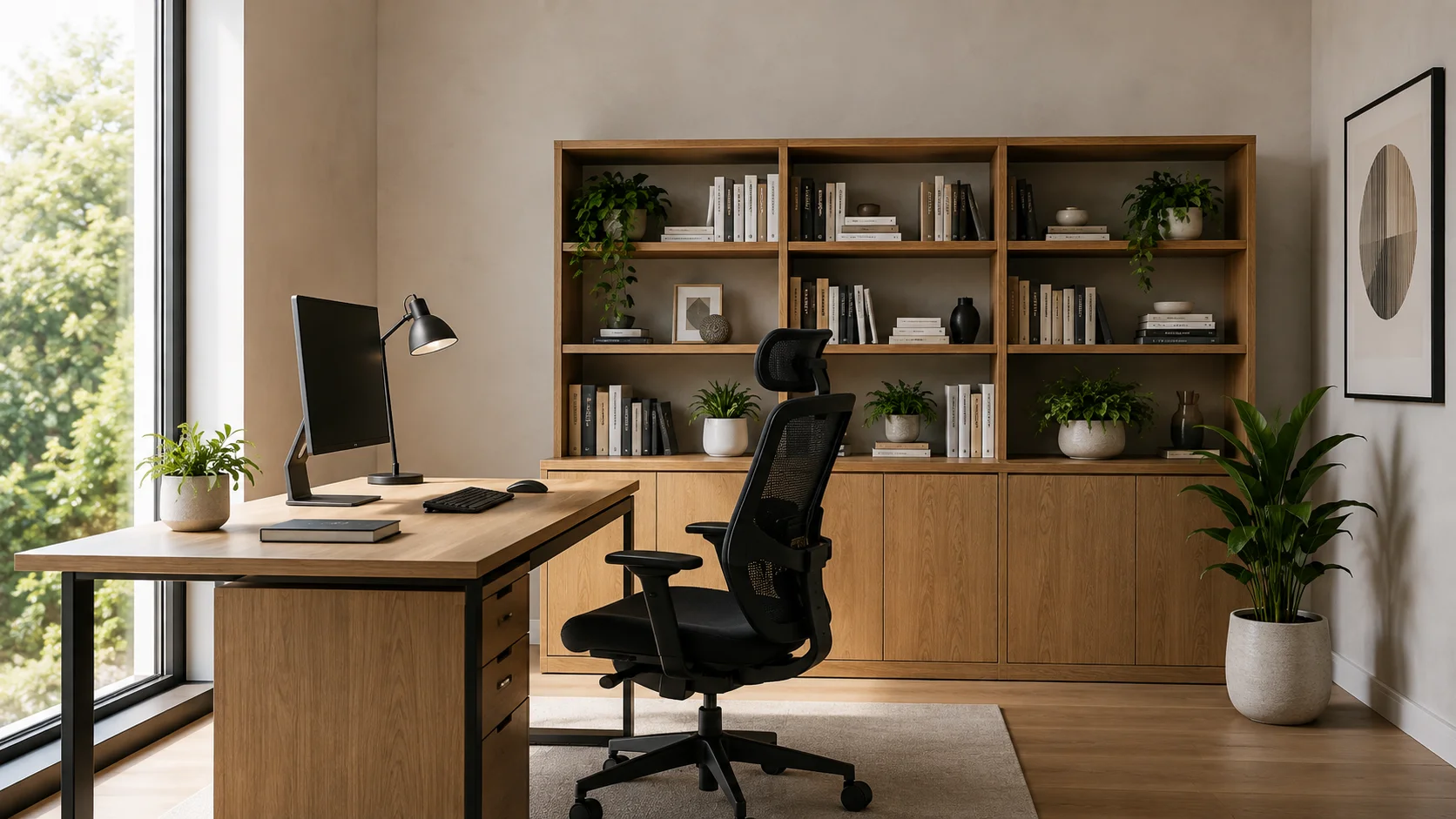 A modern home office demonstrating home office Vastu desk placement tips with a desk perpendicular to a sunlit window and a solid oak bookshelf.