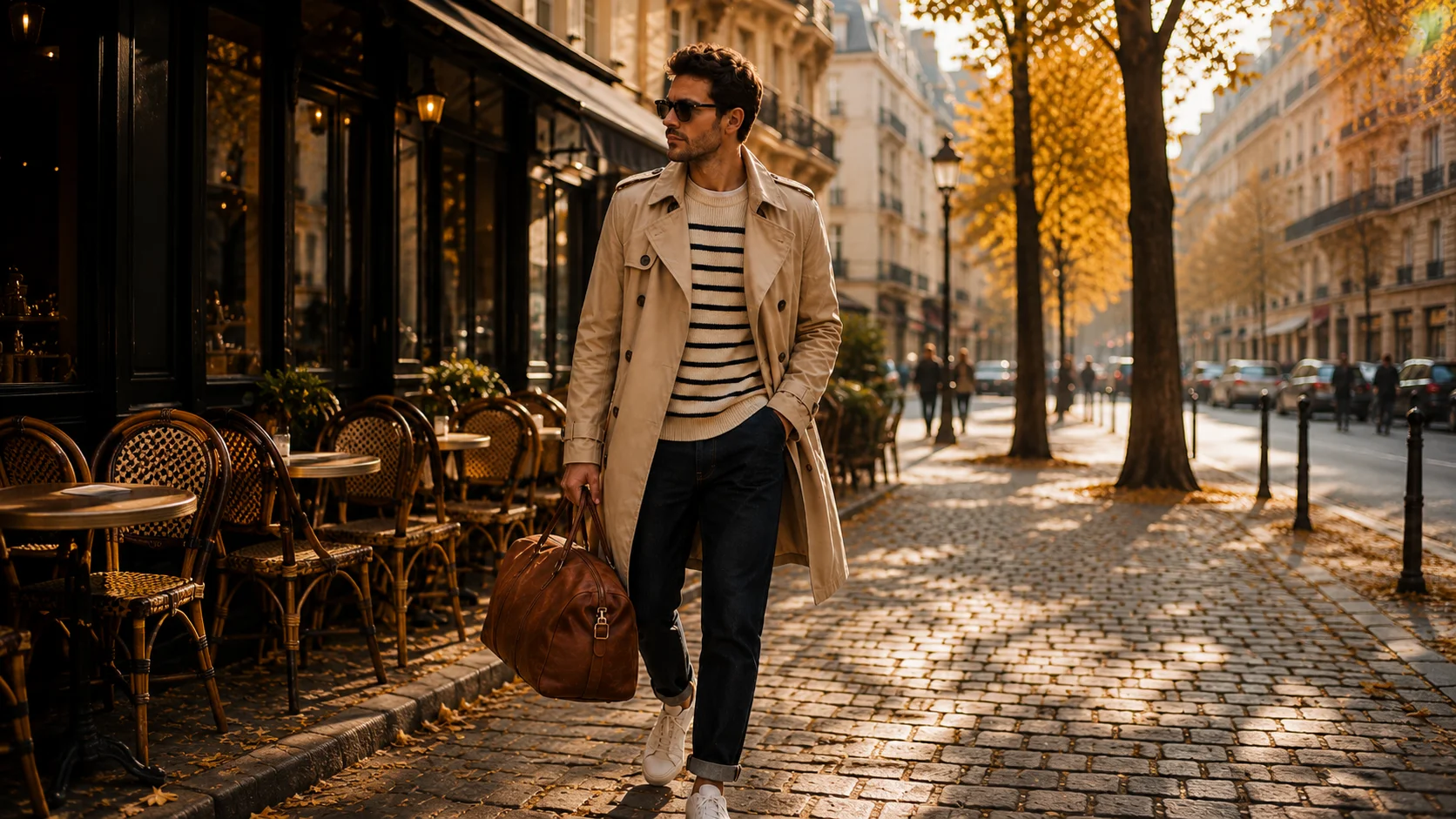 Stylish man carrying a leather duffle bag wearing a men's autumn city break wardrobe with beige trench coat and striped knit