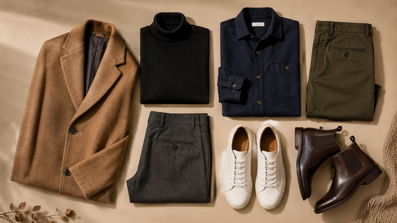 Men's fall capsule wardrobe clothing guide displaying 11 essential items and 36 outfit combinations.