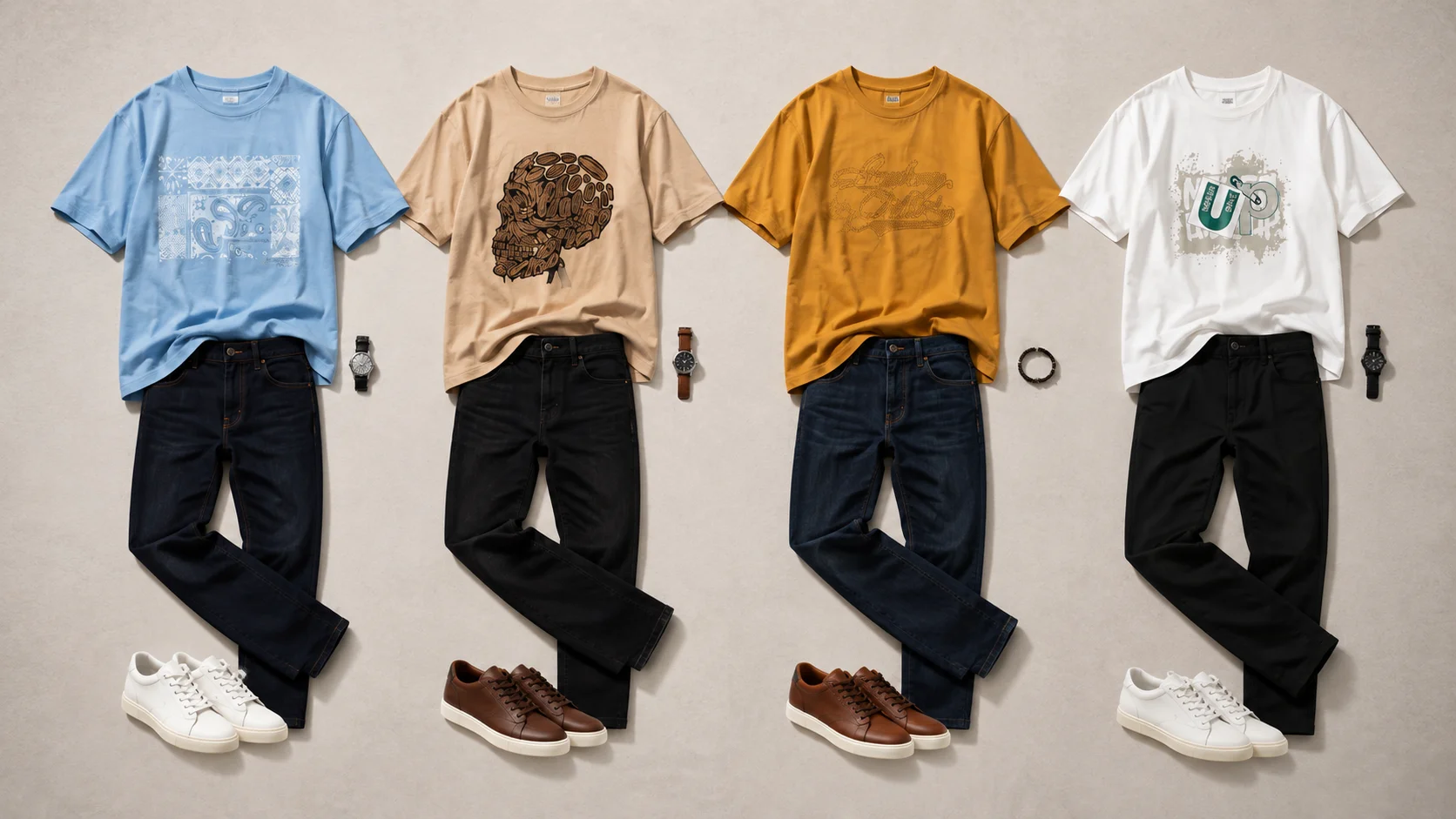 Men’s graphic T-shirt outfit ideas in blue, beige, mustard and white paired with simple neutral bottoms and casual footwear.
