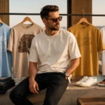 Stylish men’s wardrobe essentials featuring graphic T-shirts in blue, beige, mustard and white for casual everyday outfit inspiration.