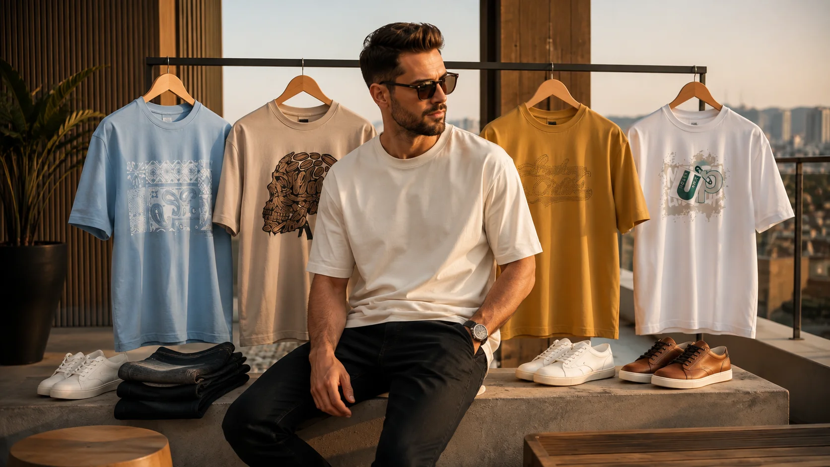 Stylish men’s wardrobe essentials featuring graphic T-shirts in blue, beige, mustard and white for casual everyday outfit inspiration.