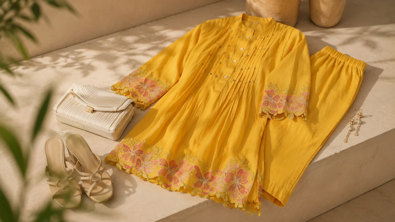 Mustard yellow ethnic tunic styling inspiration with neutral bag, sandals and selective jewellery.