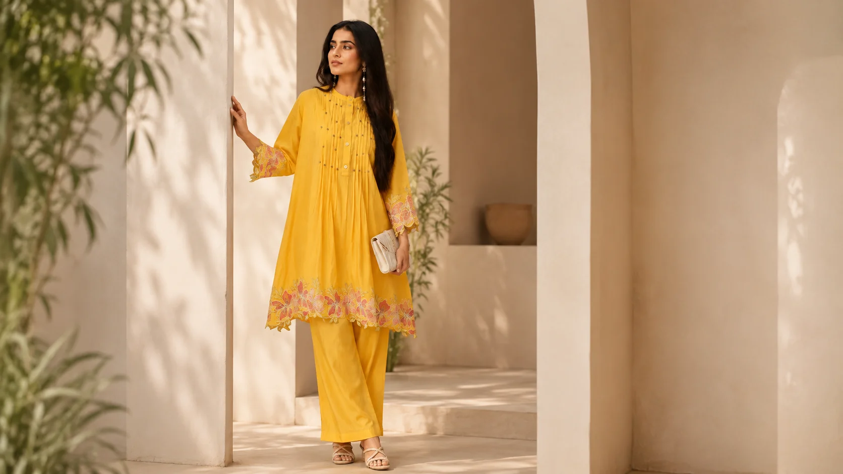 Woman wearing a mustard yellow tunic set with floral border detailing styled with elegant neutral accessories.