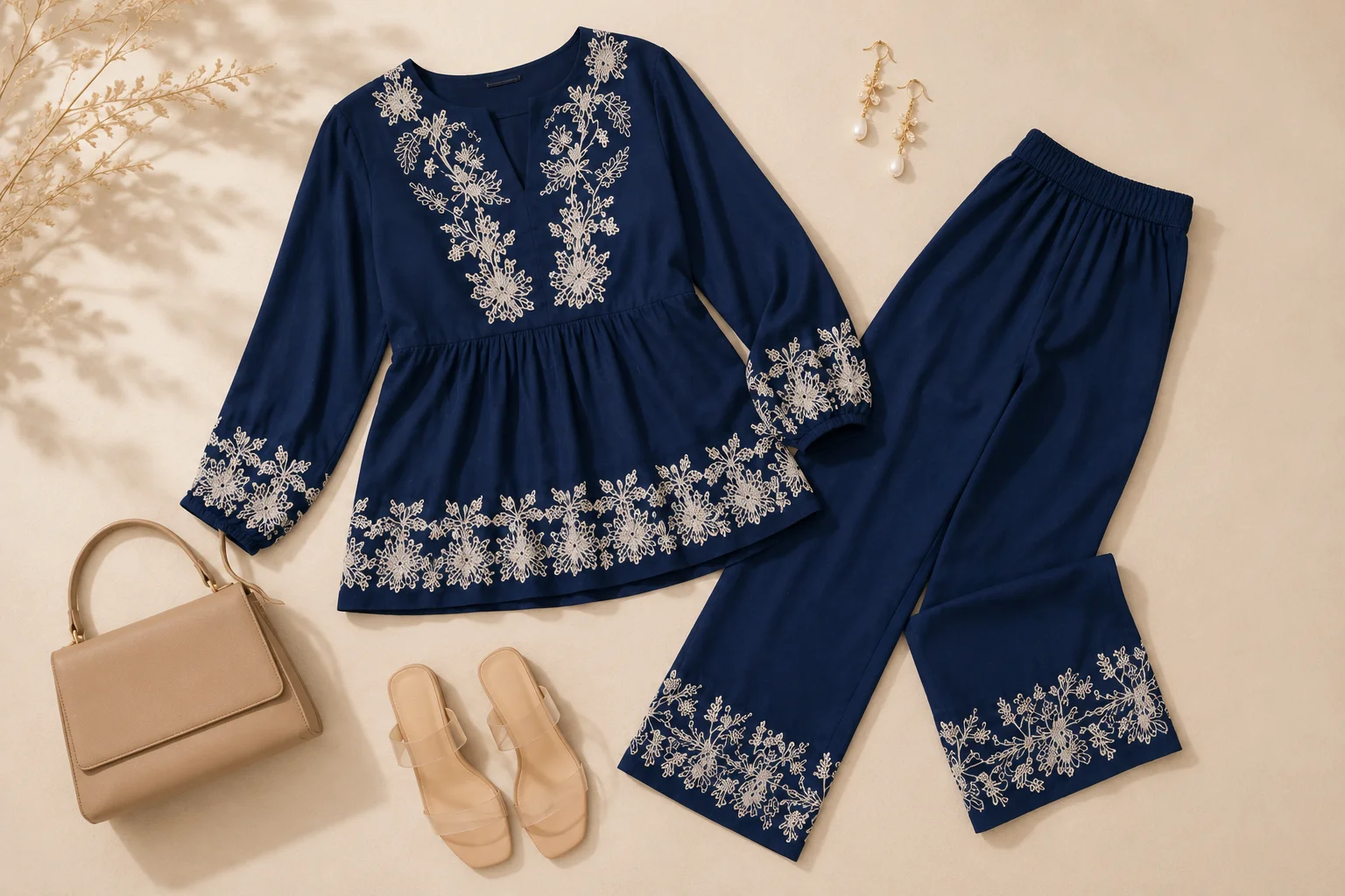 Navy embroidered co-ord set with neutral handbag, earrings and footwear as understated styling inspiration.