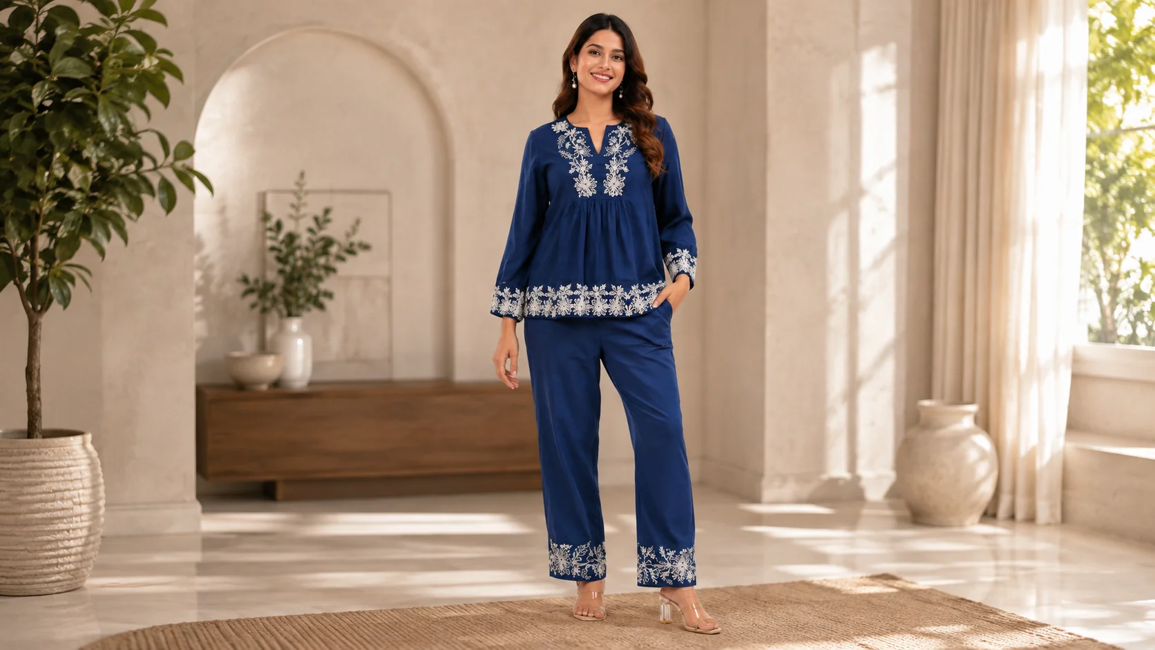 Navy embroidered co-ord set styling idea with contrasting floral detailing for an elegant everyday women’s outfit.