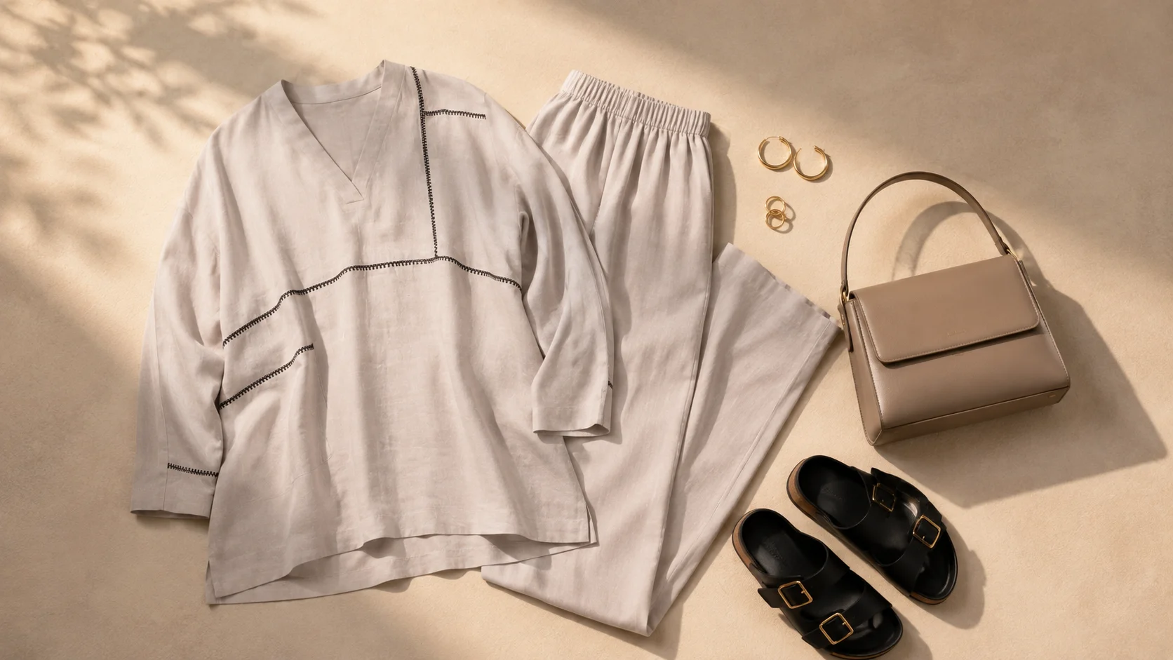 Neutral co-ord styling inspiration with dark footwear, structured handbag and minimal jewellery accessories.