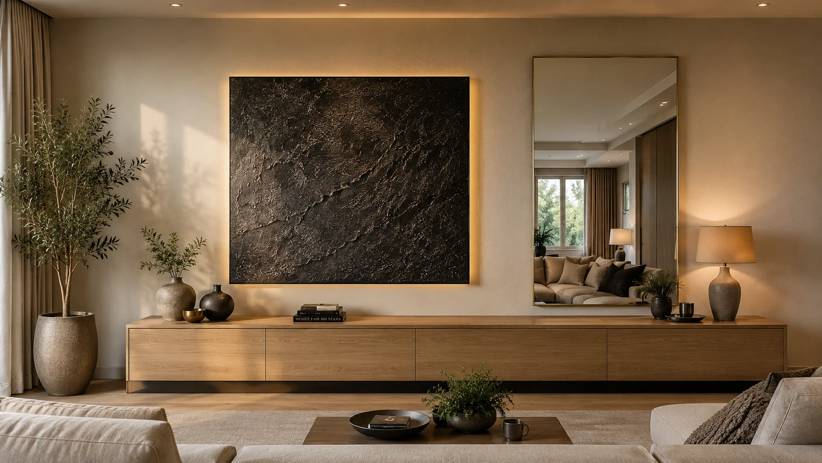 A calm living room displaying effective North wall Vastu remedies with dark textured artwork balancing a glossy TV screen and mirror.