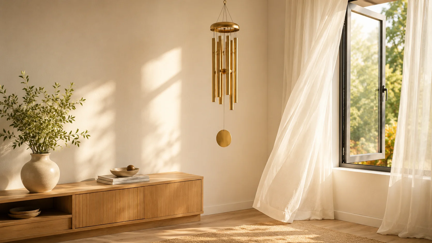 A serene sunlit living room displaying effective North West Vastu remedies with a brass wind chime, open window, and minimalist oak console.