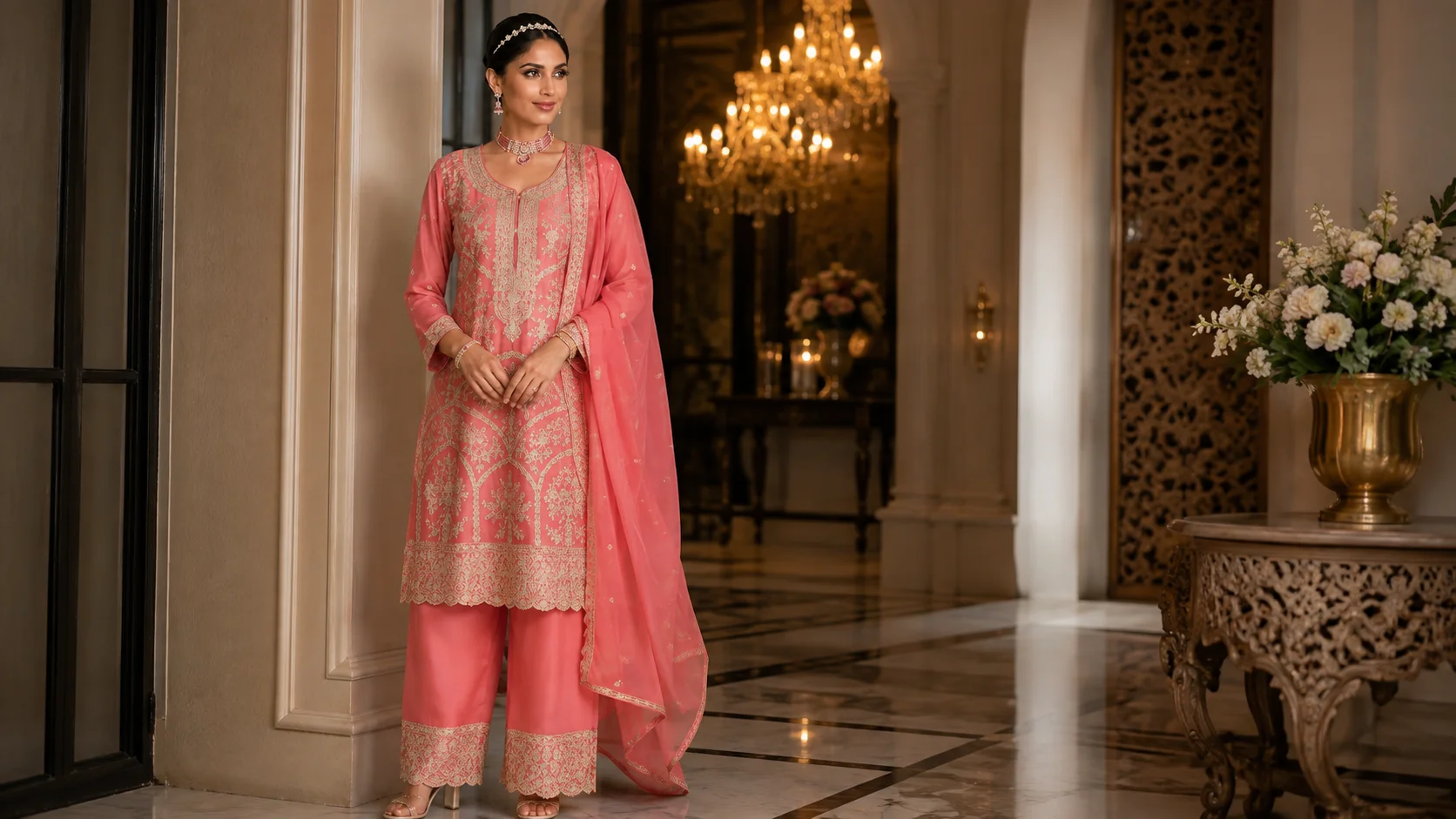 Peach embellished suit set styling with coordinated dupatta, statement jewellery and elegant occasion-wear accessories.