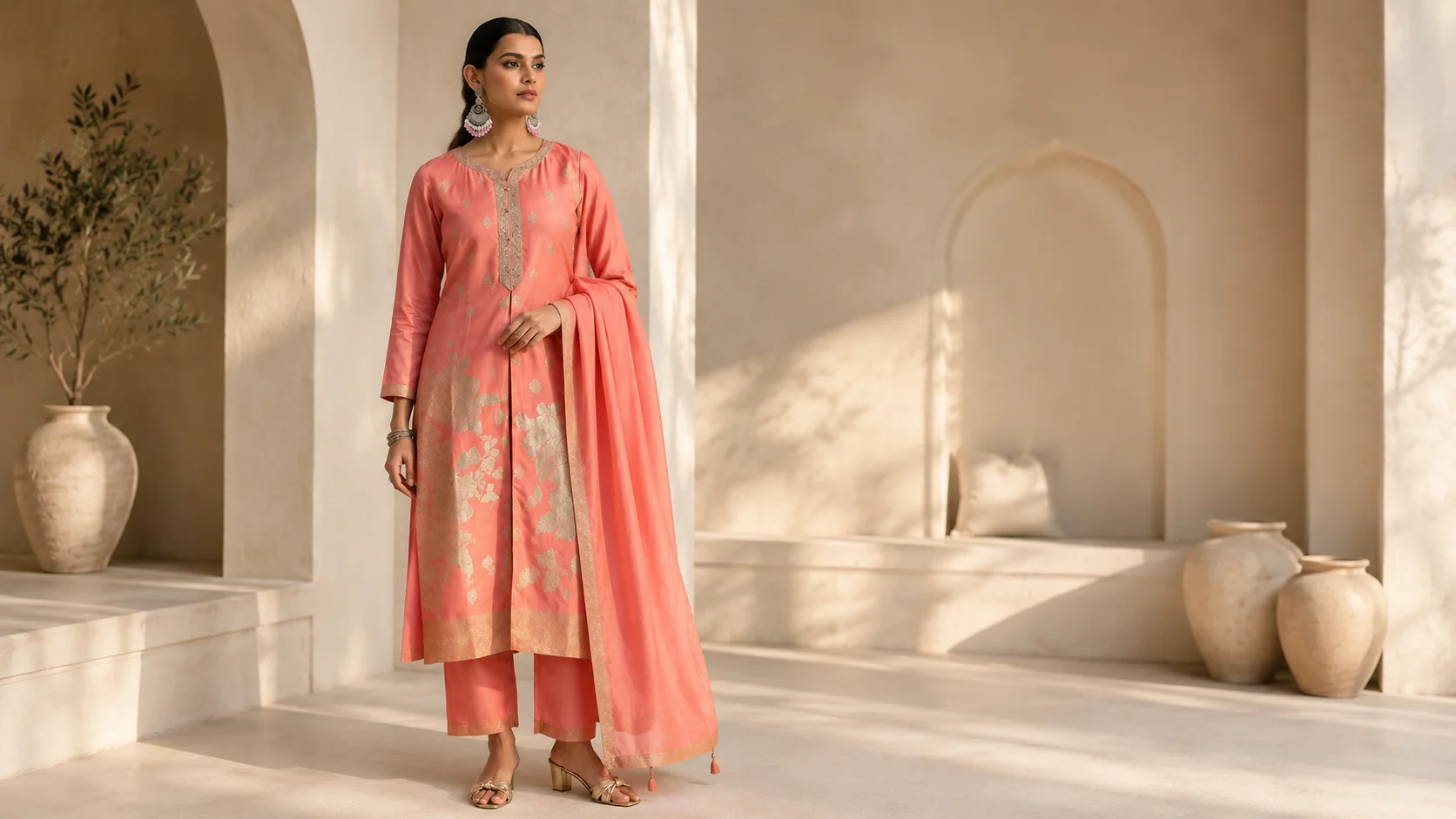 Elegant peach kurta set styling with coordinated dupatta, statement earrings and metallic footwear for a polished ethnic outfit.