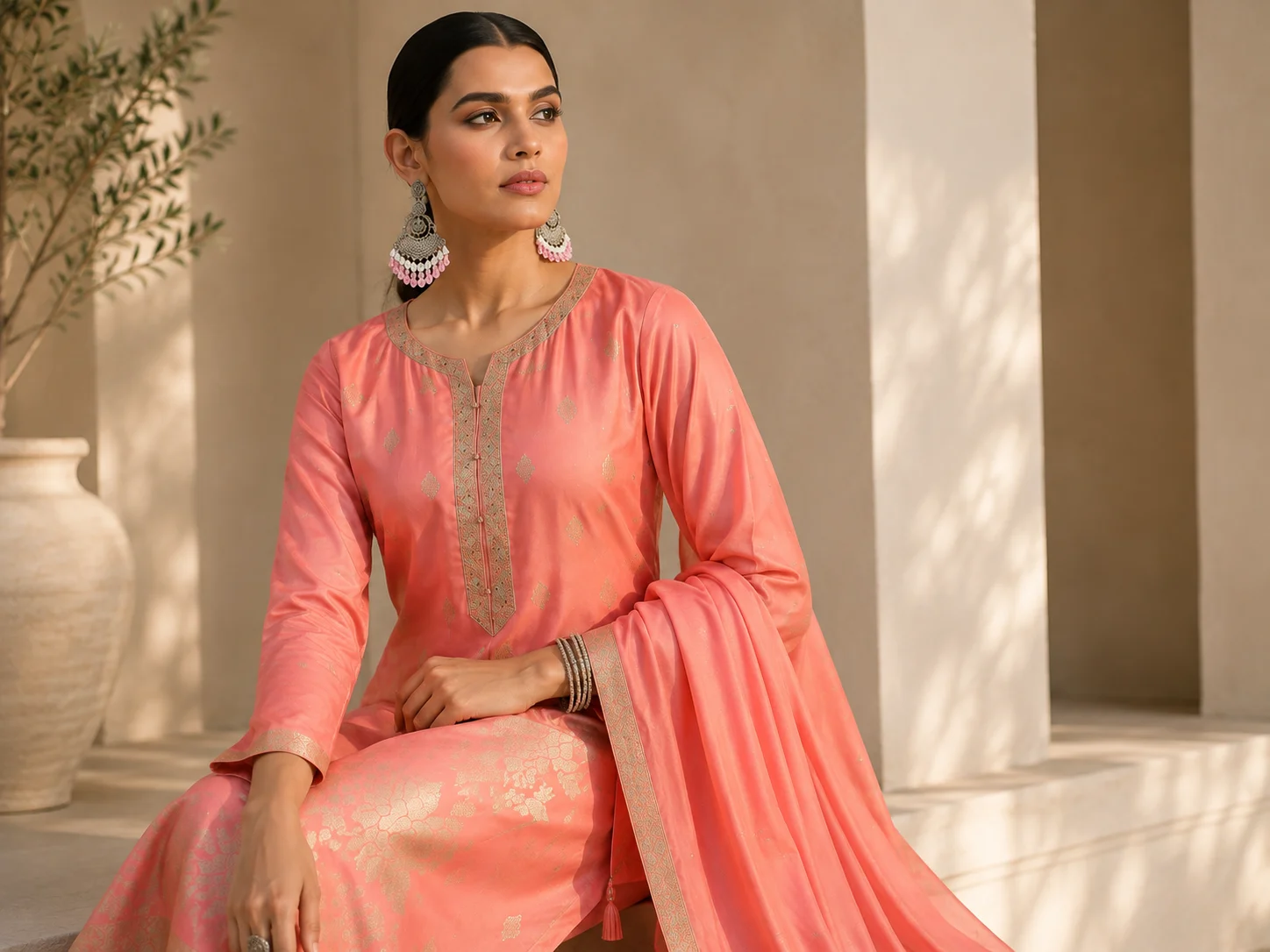 Peach kurta set styled with statement earrings and restrained jewellery while keeping the decorative neckline visible.