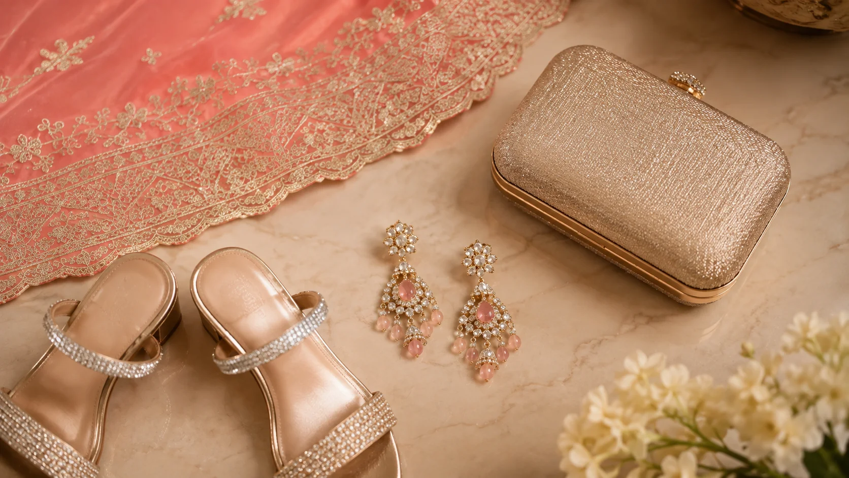 Jewellery, neutral occasion bag and metallic-looking footwear styled with peach embellished ethnic wear.