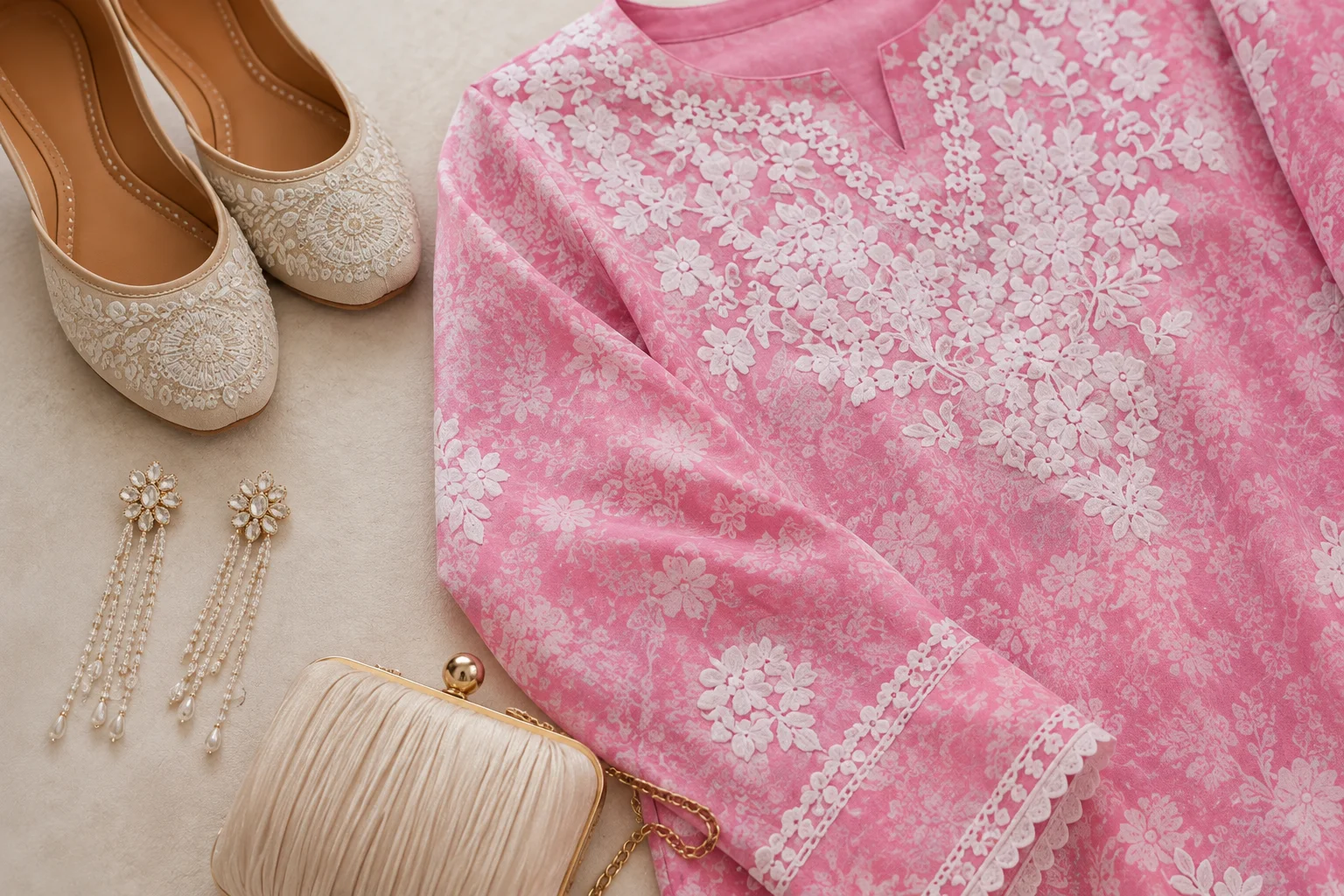 Pink embroidered kurta styling with neutral flats, elegant earrings and a small complementary bag